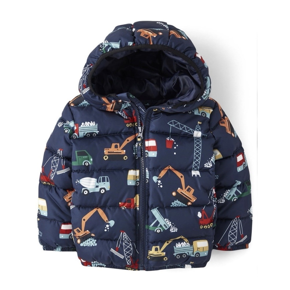 The Childrens Place Boys 4T Puffer Jacket Blue Construction Truck Hooded Coat